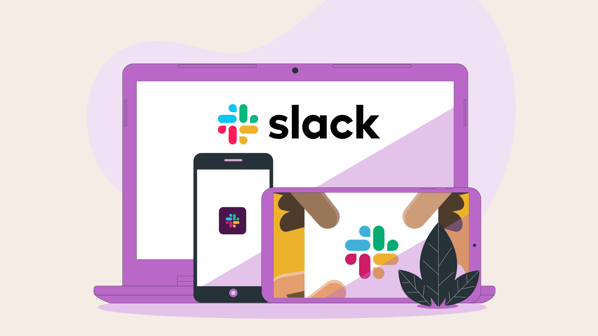 Connected devices displaying Slack notifications and newsletters, symbolizing the flow of information across the team.