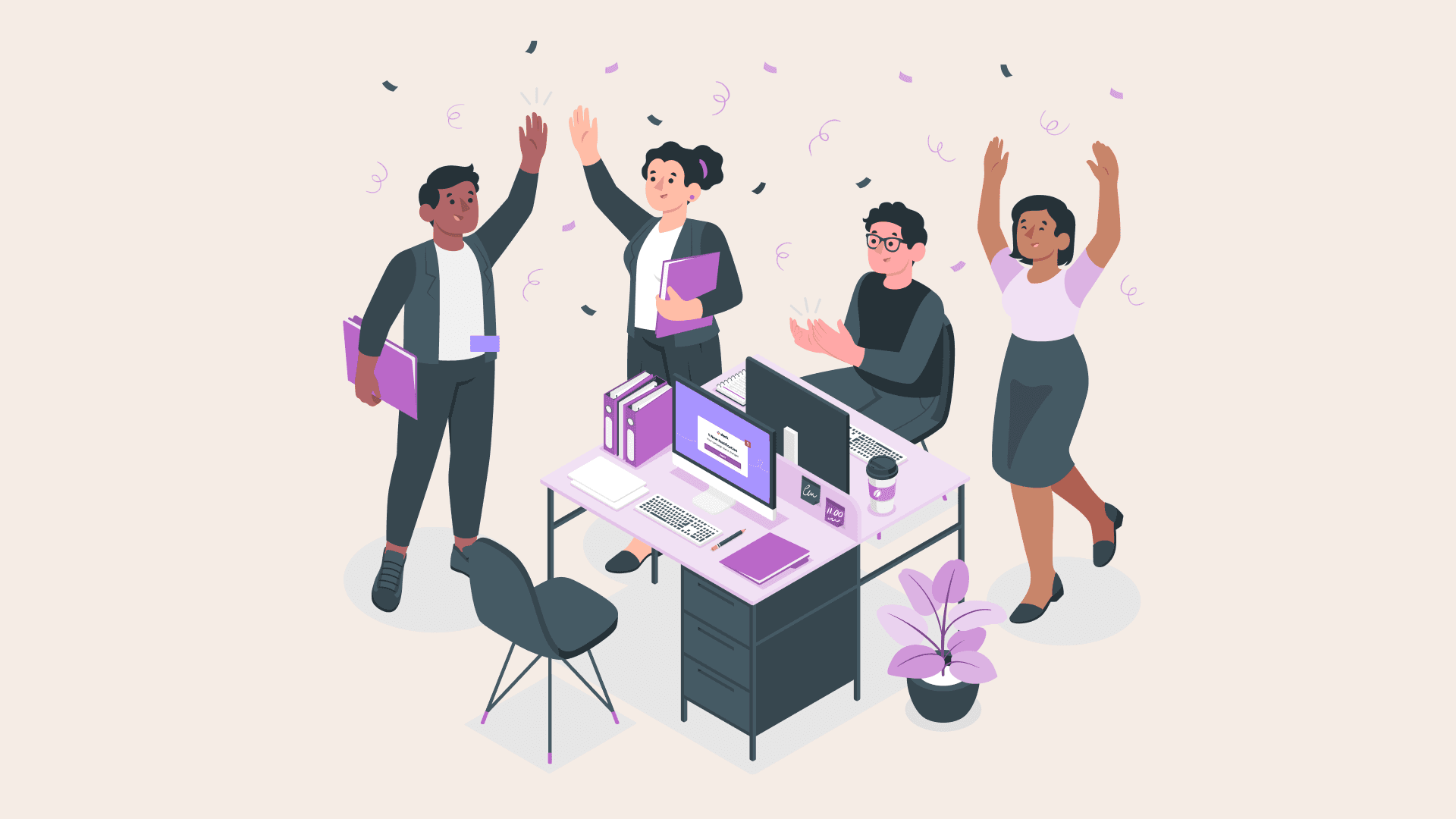 Team members celebrating around a table with a screen showing a Slack appreciation message, capturing the spirit of recognition.