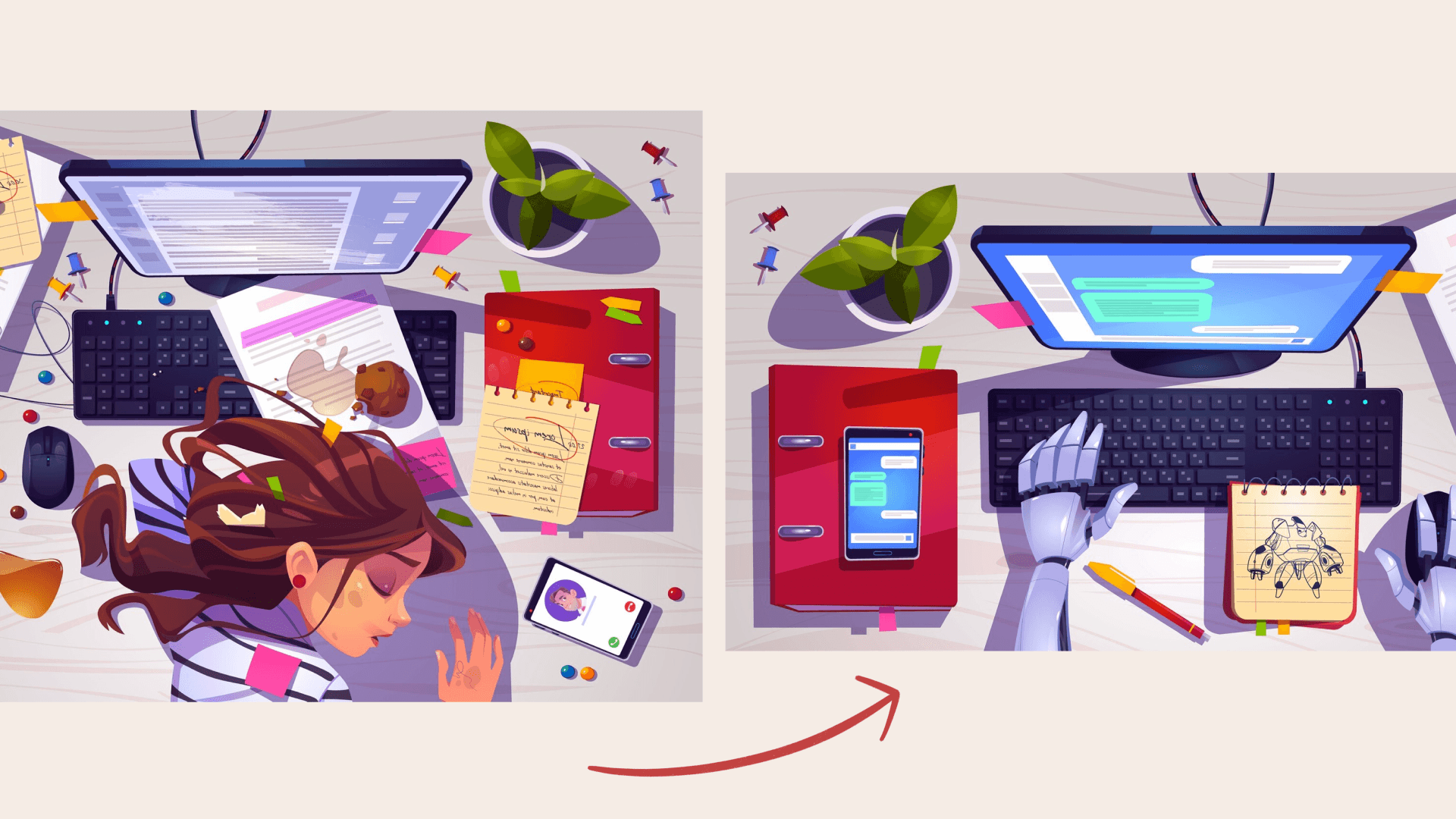 A cluttered workspace transforming into an organized desk with design elements, representing the process of addressing technical debt.