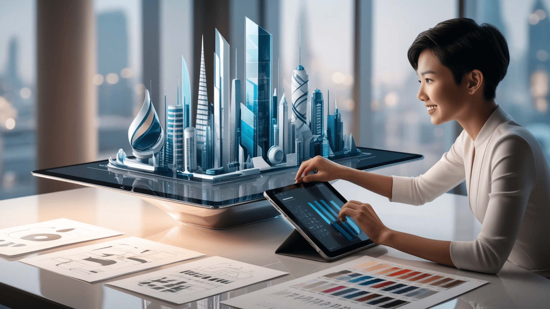 A futuristic cityscape made of design elements, with a designer adjusting it on a tablet, symbolizing integration of new tools and trends.
