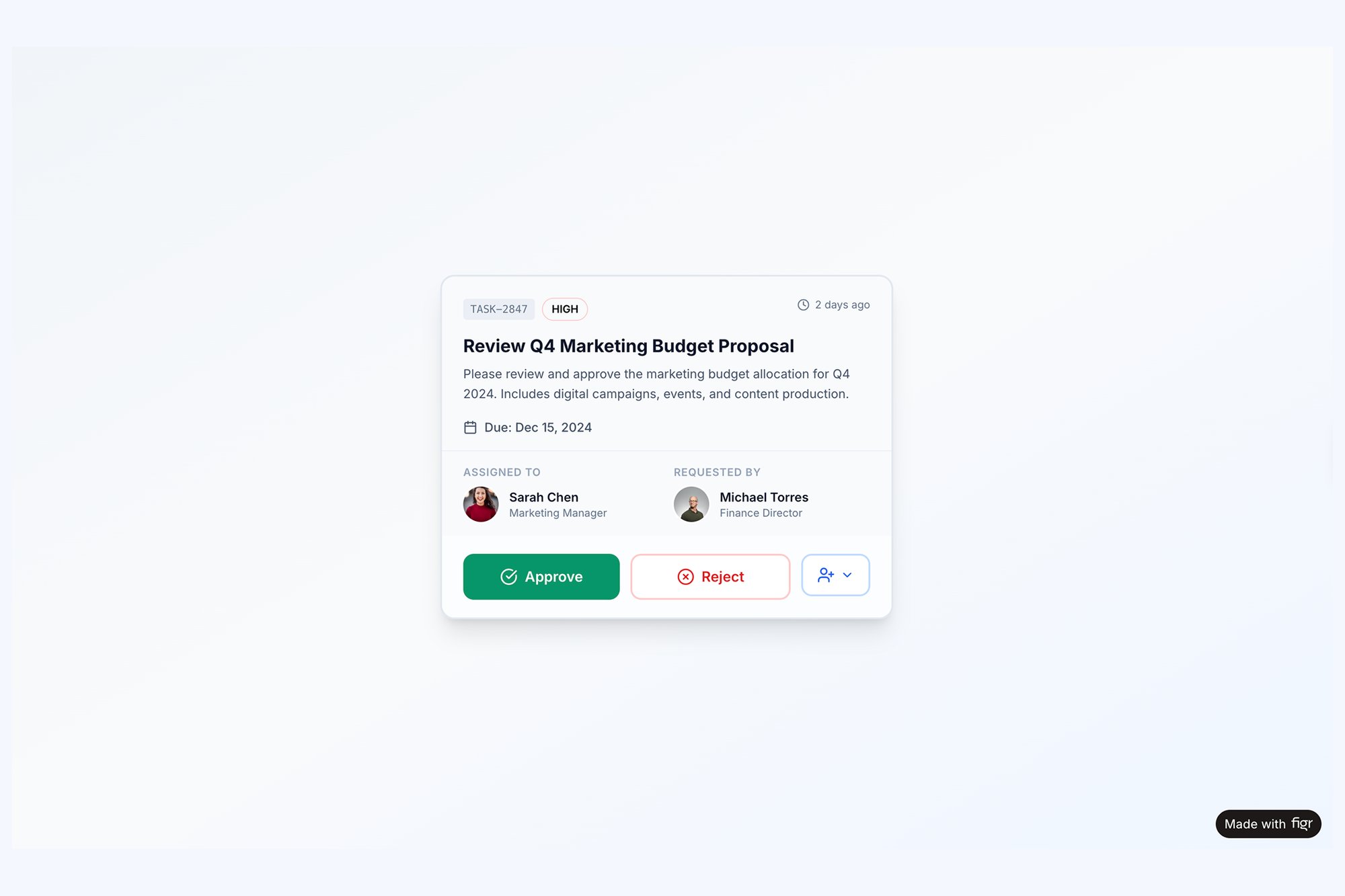 A task card displaying a Q4 marketing budget proposal review, with assignees, due date, and approve/reject buttons.