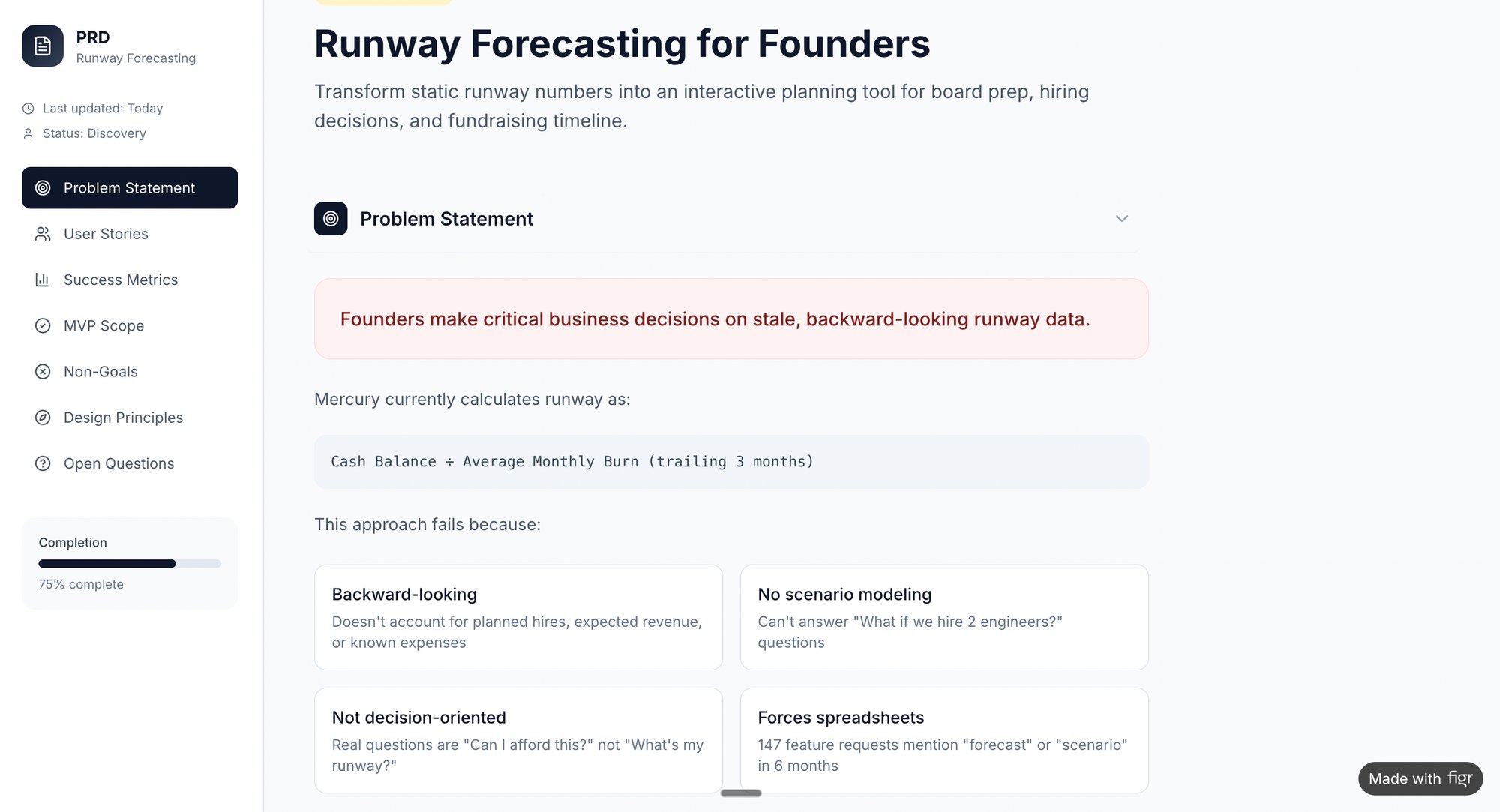 A product requirements document (PRD) for Runway Forecasting, detailing the problem statement for founders.