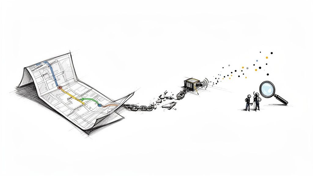 Conceptual drawing depicting a map, a broken chain, and people examining scattered data.