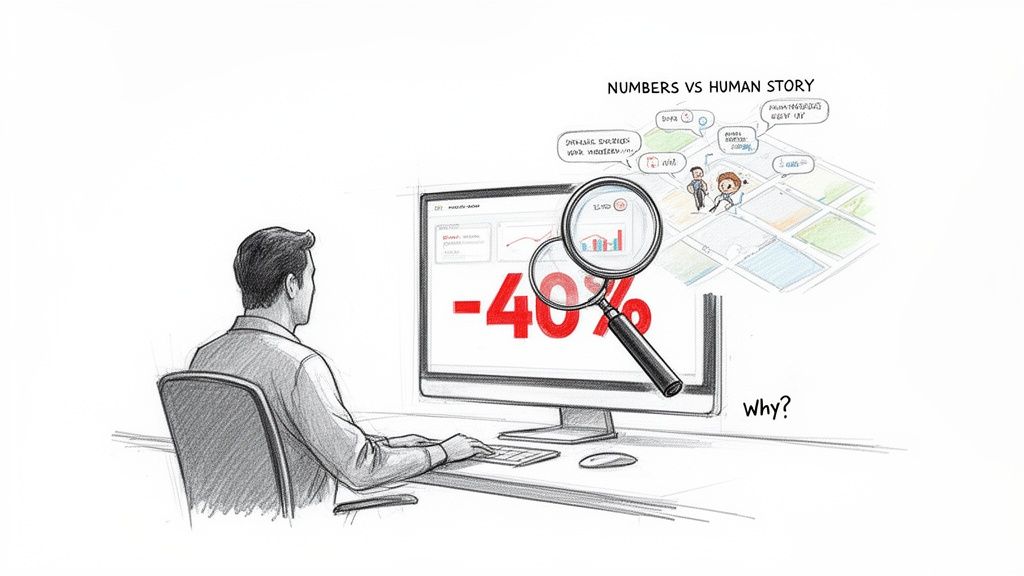 Man analyzing -40% data on screen, looking for human stories behind the numbers.