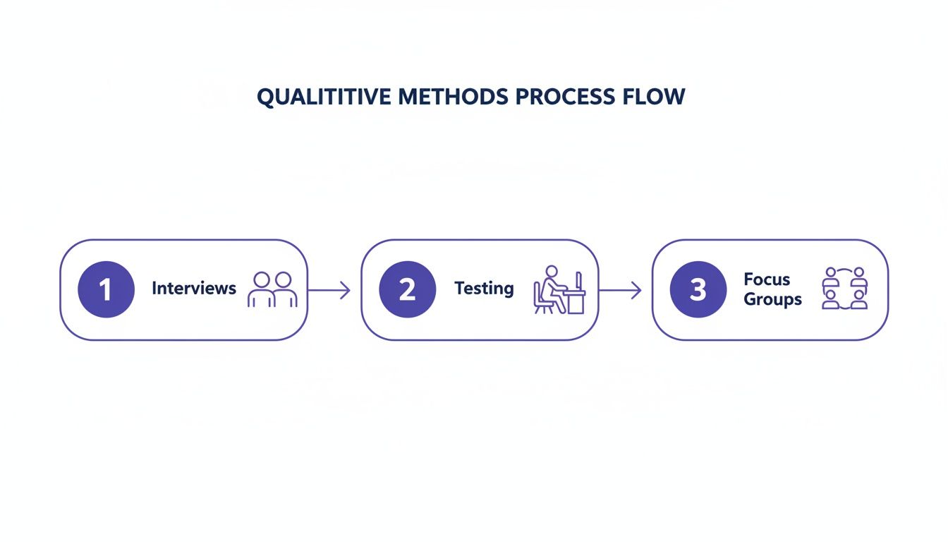 A qualitative methods process flow diagram illustrating interviews, testing, and focus groups.