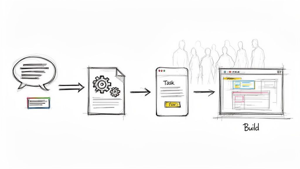 A hand-drawn workflow diagram showing the process from initial ideas and planning to building a project.