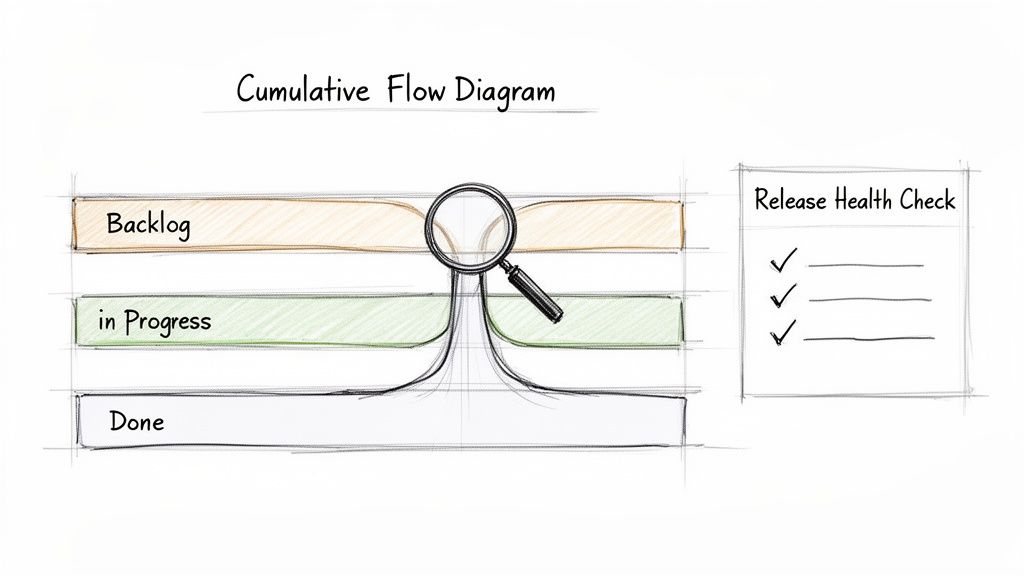 Sketch of a Cumulative Flow Diagram showing Backlog, In Progress, Done stages, and a Release Health Check.