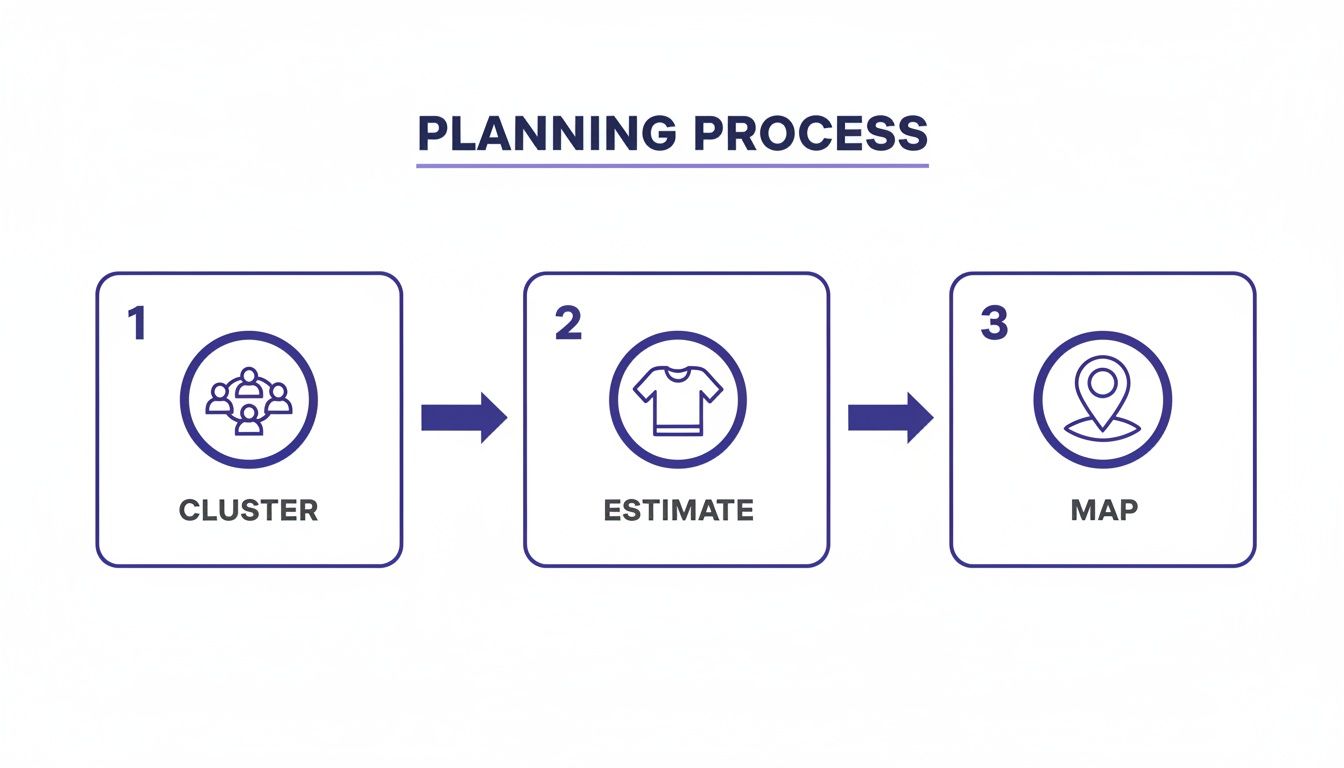 A three-step planning process diagram showing clustering, estimating, and mapping with icons.