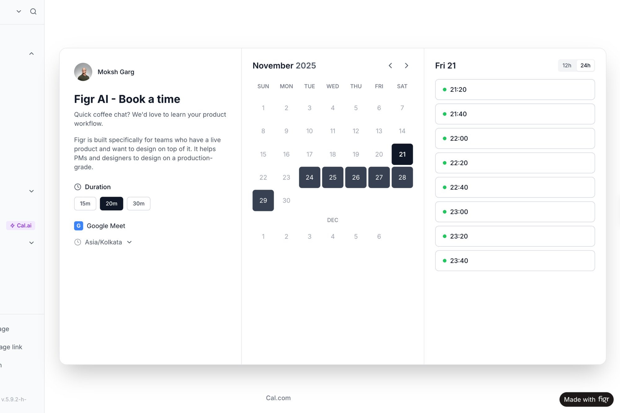 A calendar booking interface with event details, calendar, and available time slots for November 2025.