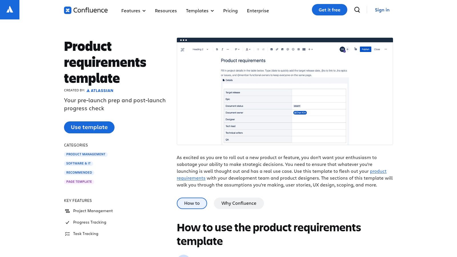 Atlassian Confluence product requirements template, showing sections for goals, user stories, and design links.