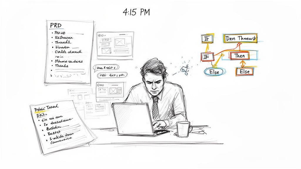 Detailed sketch depicting a software developer analyzing a high-level software decision tree with PRD notes.