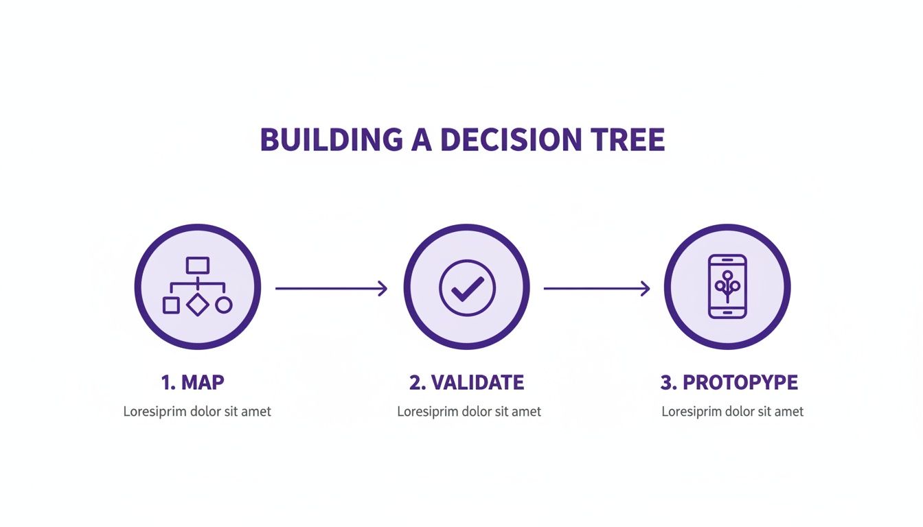 A three-step process for building a decision tree: Map, Validate, Prototype with icons.