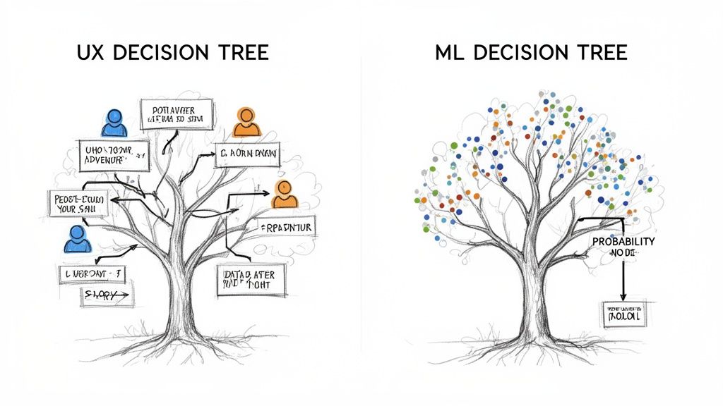 Two decision trees are depicted: one for UX showing user paths, and one for ML with colorful data points leading to a probability node and model.