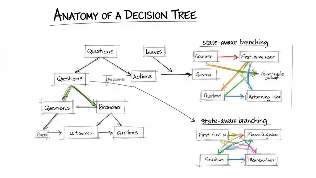 Hand-drawn diagram detailing decision tree anatomy with questions, actions, leaves, branches, outcomes, and state-aware branching.