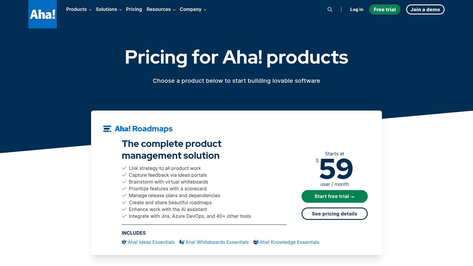 Aha! (Roadmaps, Ideas, Discovery, Knowledge/Whiteboards) with AI assistant (official site)