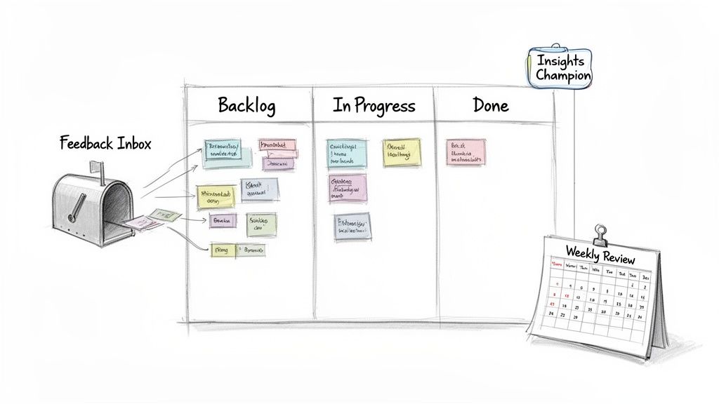 A Kanban board showing a workflow from a feedback inbox to backlog, in progress, and done stages.
