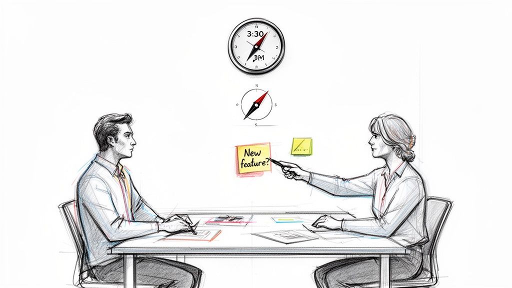Sketch drawing of two colleagues discussing a 'New feature?' sticky note, with a clock and compass overhead.