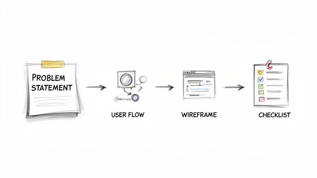 Hand-drawn diagram illustrating a design process: problem statement, user flow, wireframe, and checklist.