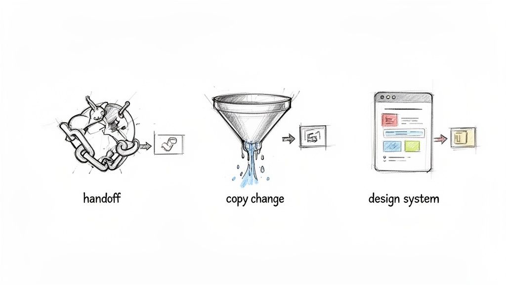 Sketched diagram illustrating a three-stage design workflow: handoff, copy change, and design system.