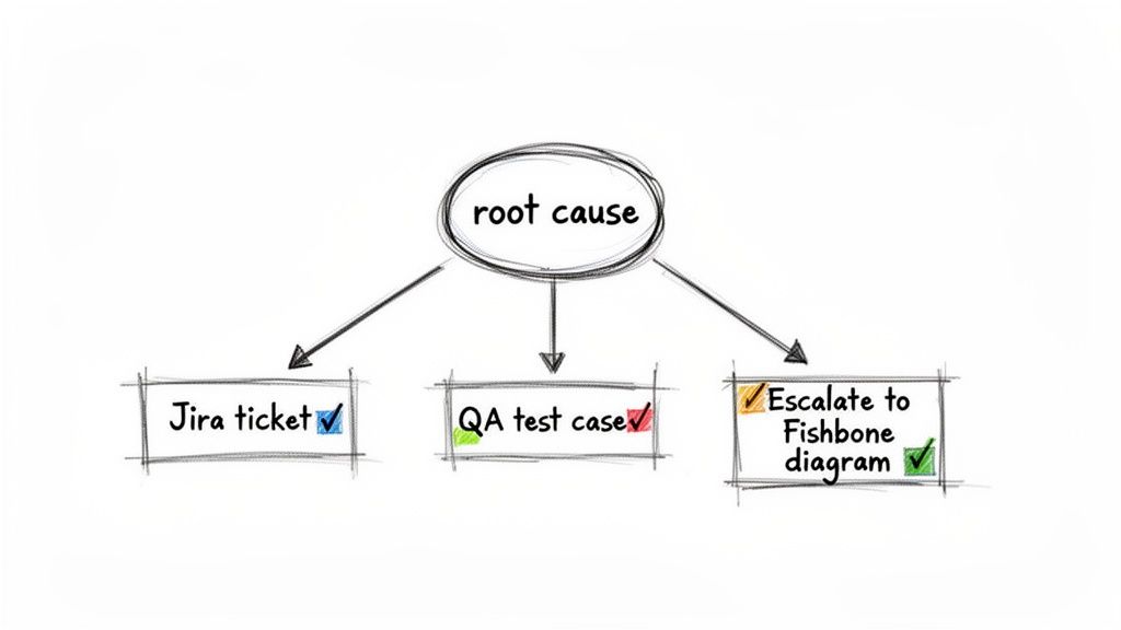 A hand-drawn diagram showing root cause analysis steps: Jira ticket, QA test case, and escalate to Fishbone diagram.