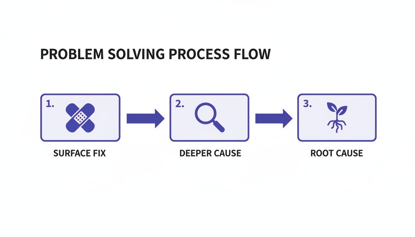 Problem-solving process flow diagram showing steps from surface fix to deeper cause and root cause.