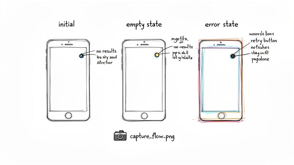 Hand-drawn mobile phone screens illustrating initial, empty, and error UI states with labels.