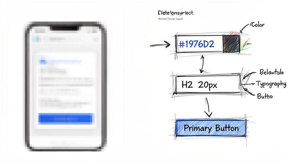 A smartphone screen with a blurred interface and a diagram detailing design system elements: color, typography, and primary button.