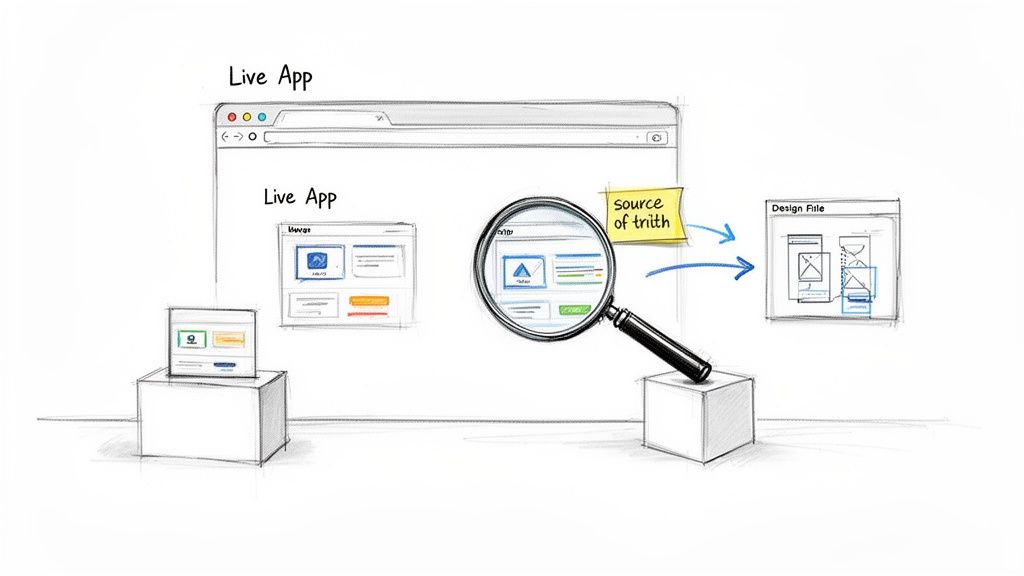 Diagram illustrating a live web application UI being analyzed as the 'source of truth' for a design file.
