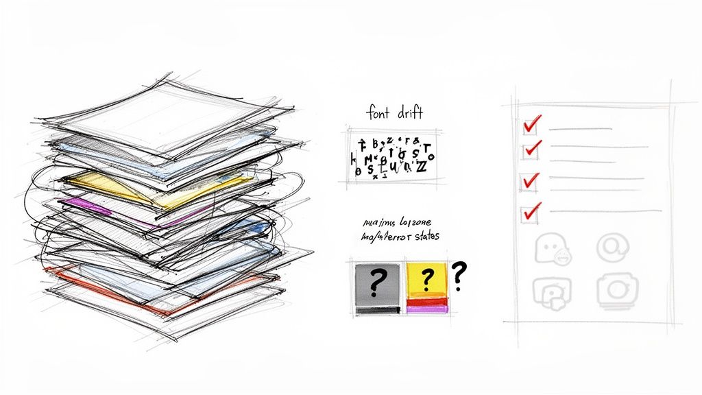 Hand-drawn design sketches illustrate concepts like font drift, error states, and UI components with a messy document stack.
