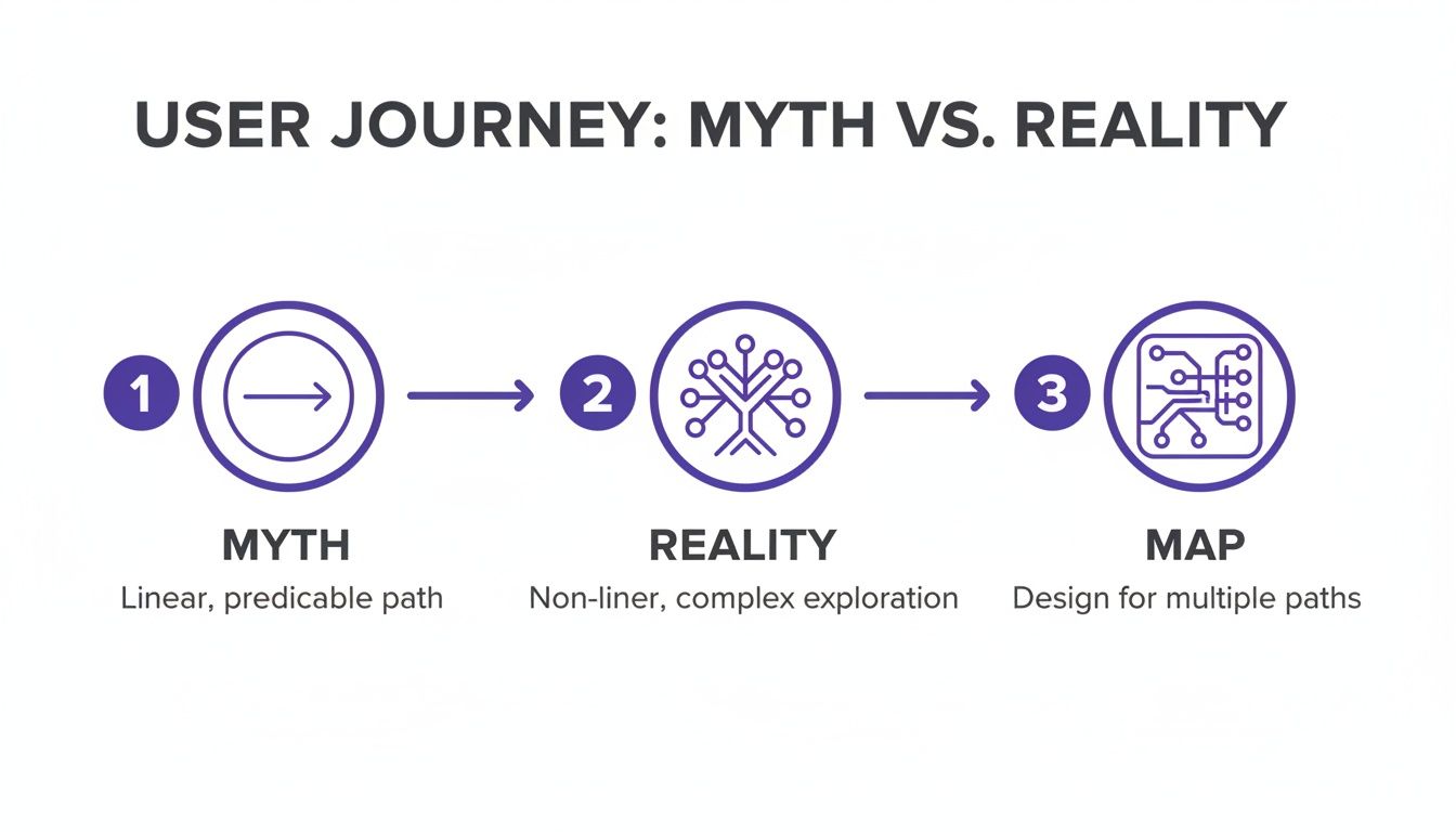 Diagram showing user journey from a linear myth to complex reality, requiring multiple paths to be mapped.