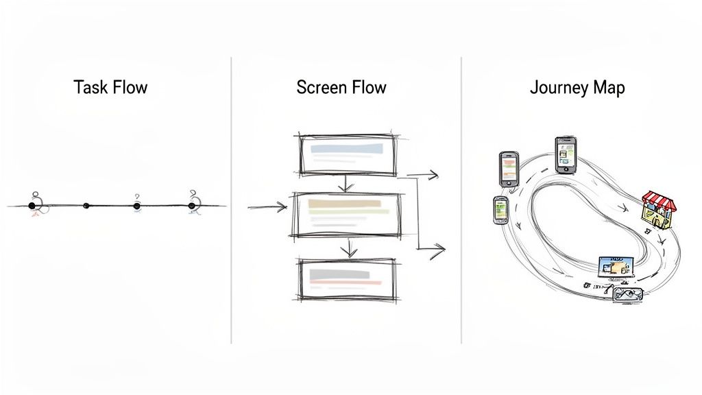 Three UX diagrams: Task Flow, Screen Flow, and Journey Map, illustrating user experience visualization methods.