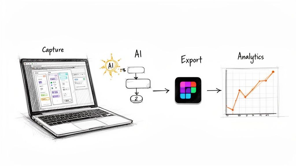 A sketch illustrates a data workflow: capture on laptop, AI processing, export, and analytics shown on a graph.