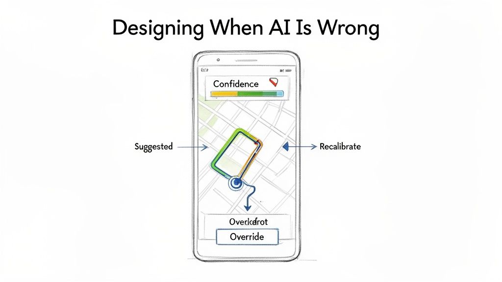 A smartphone app displaying a map, an AI confidence meter, and options to recalibrate or override AI suggestions.