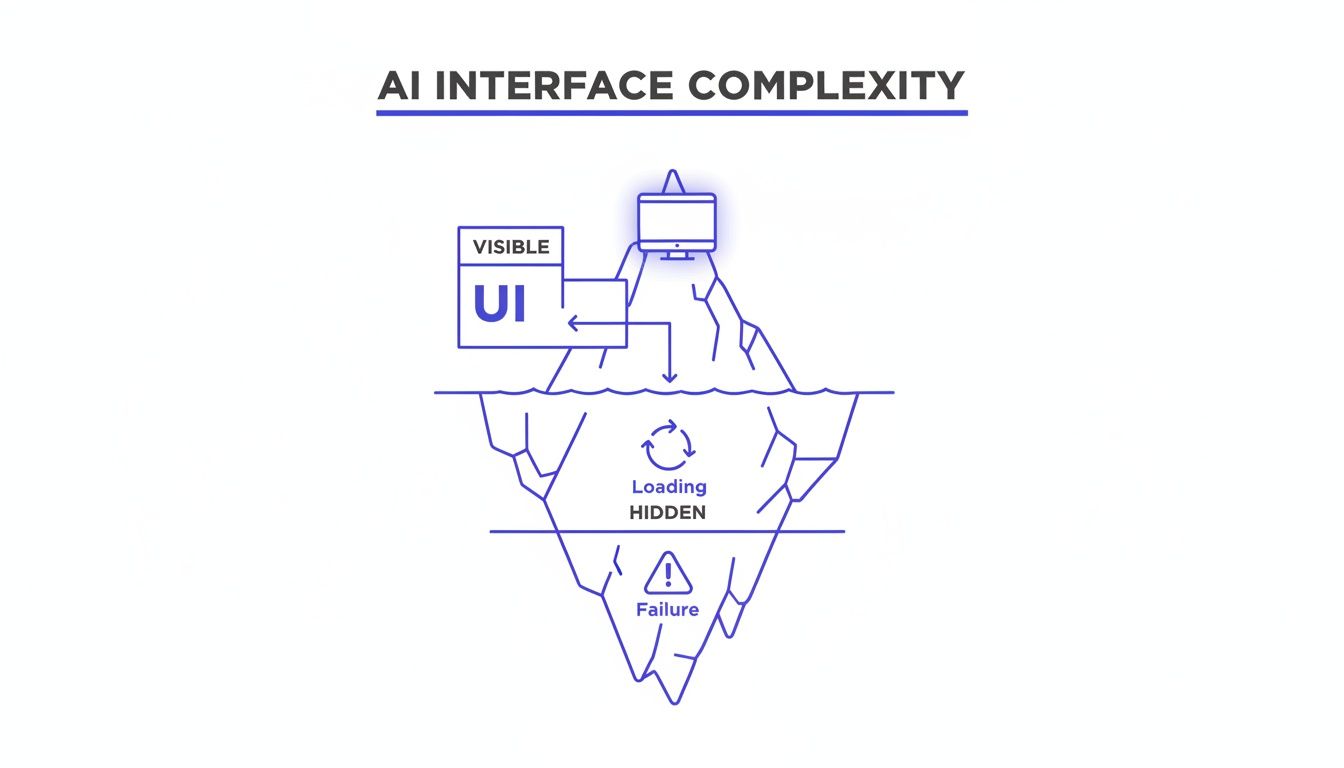 An iceberg diagram illustrates AI interface complexity, showing visible UI above water and hidden loading and failure below.