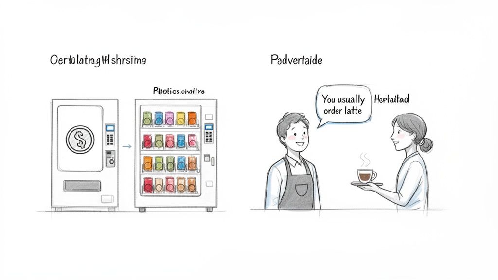 Two distinct service scenarios: one illustrating a vending machine for automated transactions, the other a barista offering personalized coffee service.