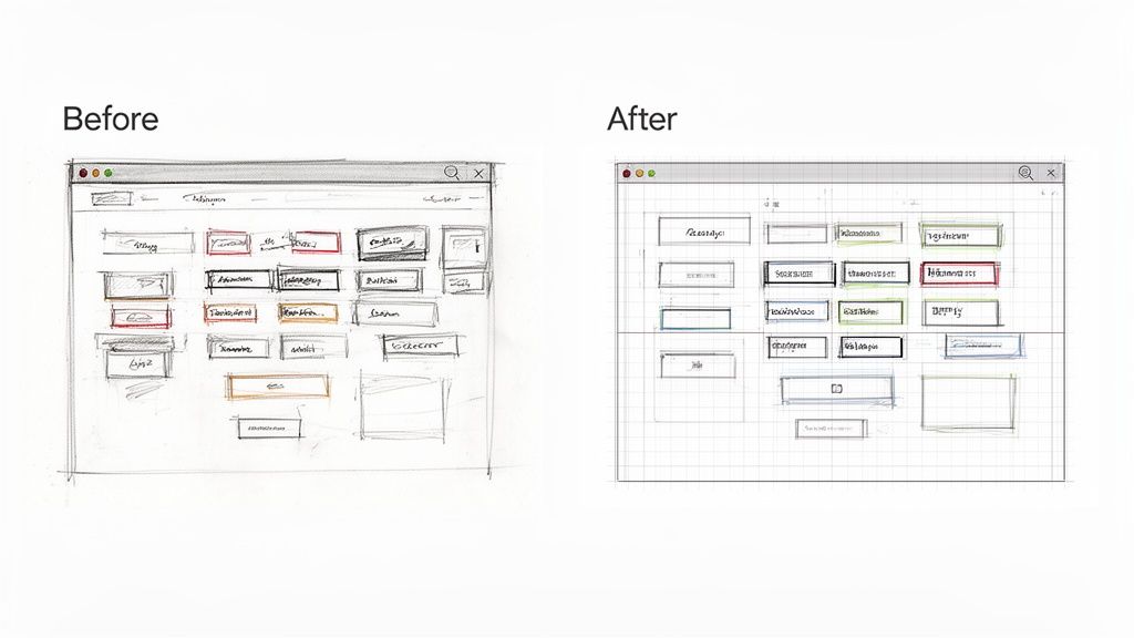 Hand-drawn 'Before' and 'After' sketches demonstrating a user interface design improved with a grid system.