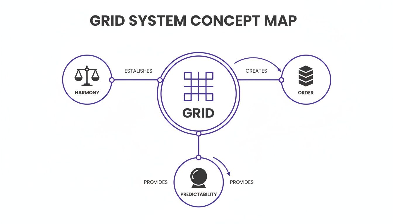 A concept map shows that a grid system establishes harmony, creates order, and provides predictability.