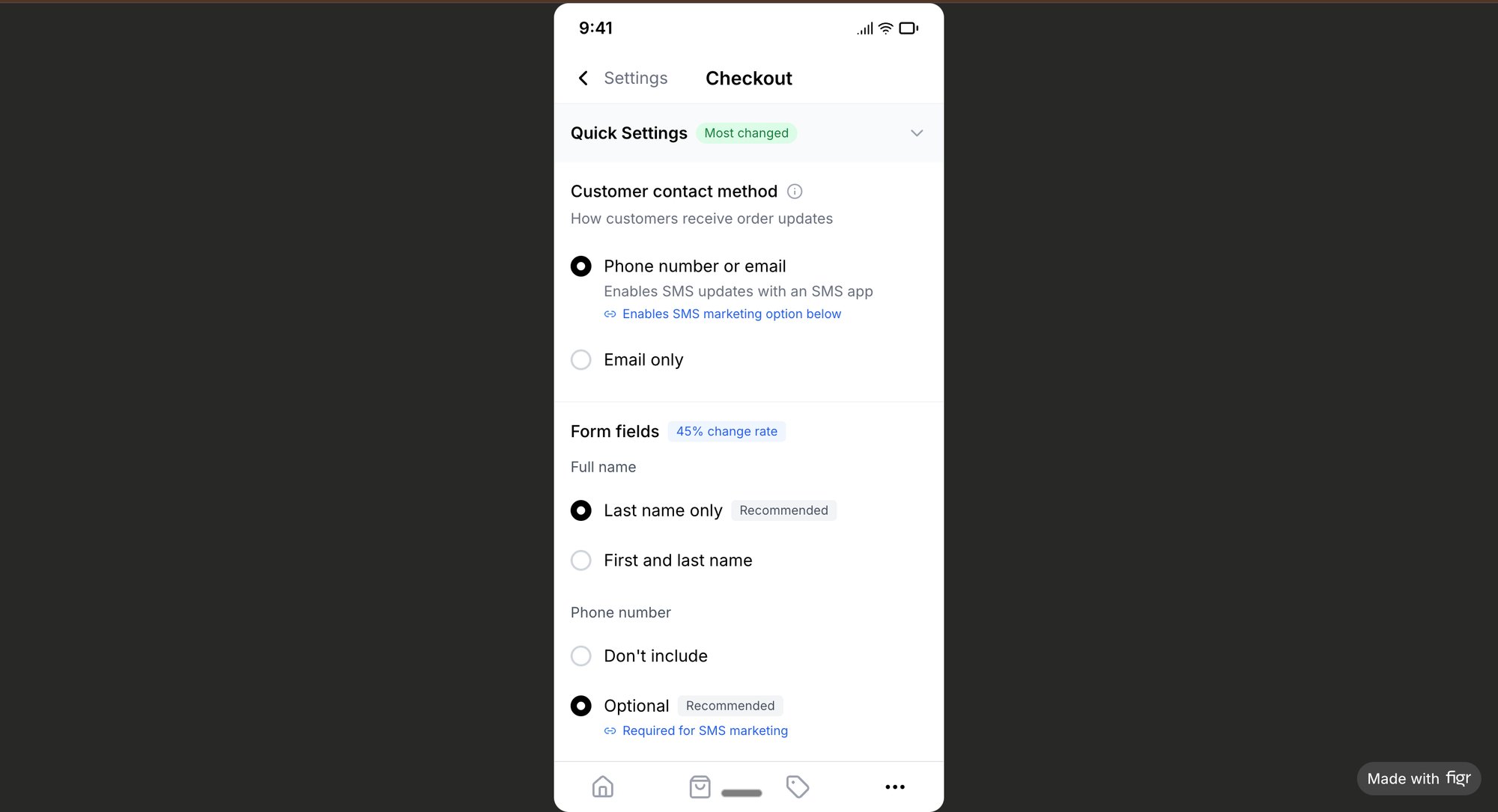 A mobile app screen showing checkout settings, including customer contact methods and form fields.