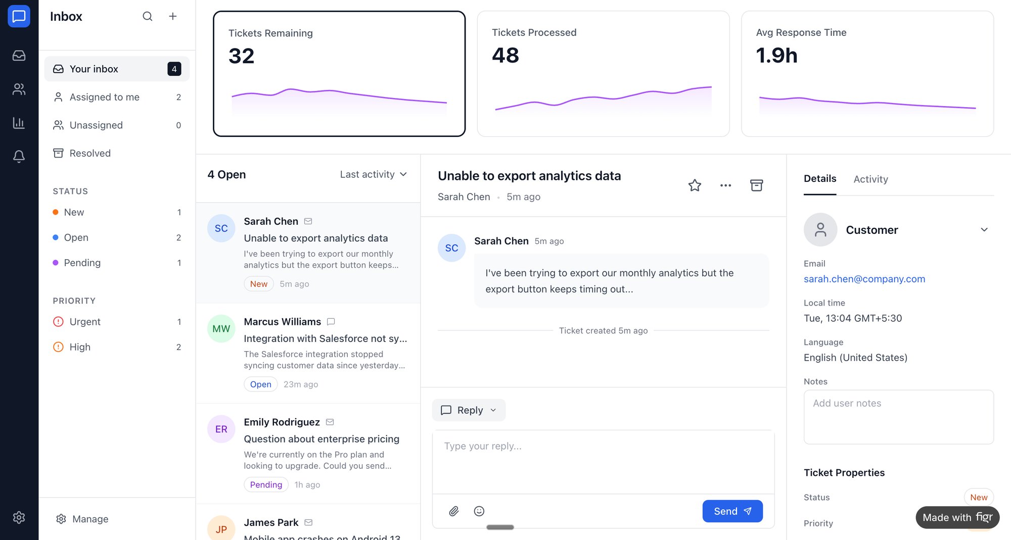 A web application dashboard displaying customer support tickets, their status, and conversation details.