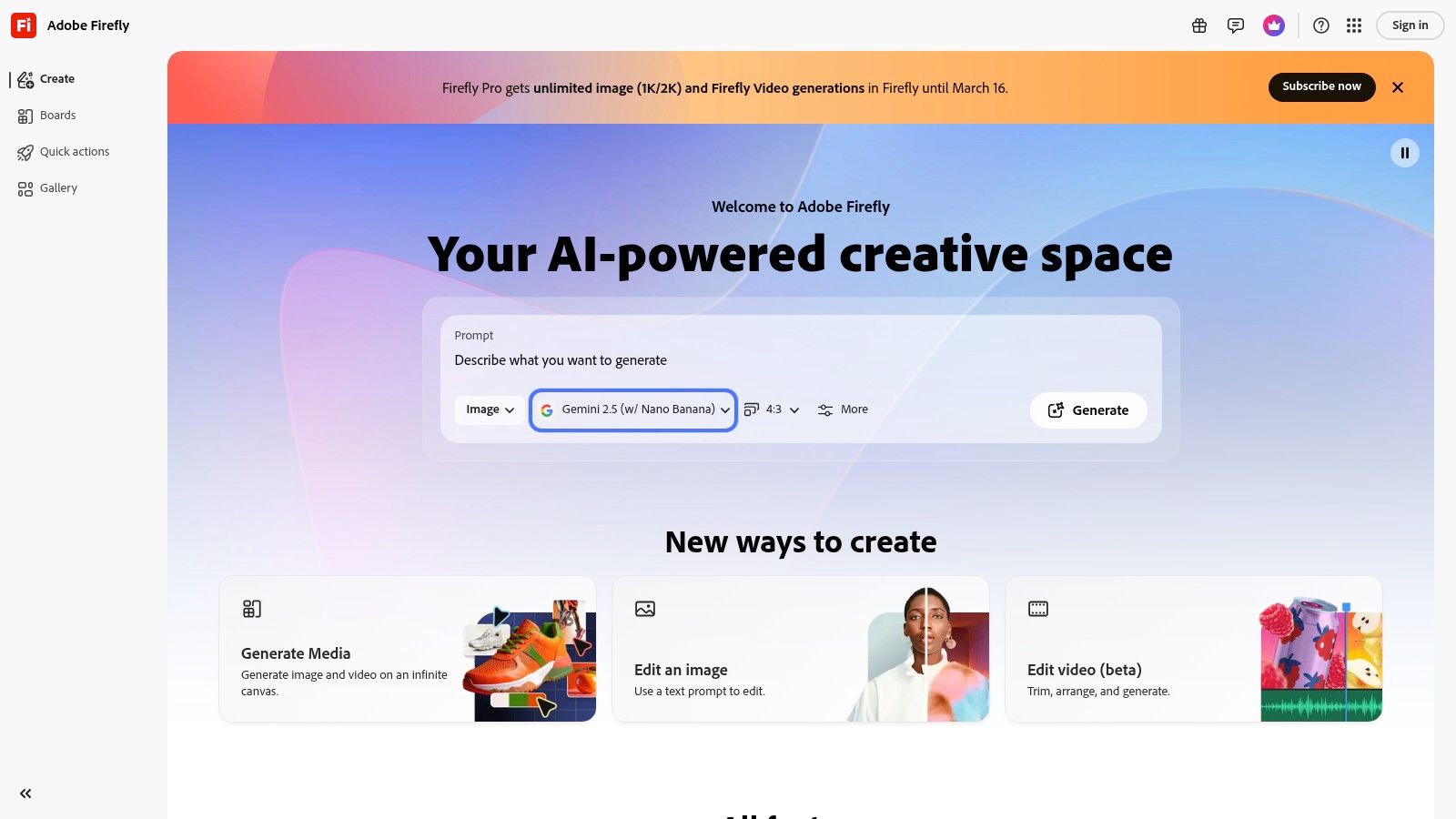 Adobe Firefly's generative AI creative space for images, vectors, and video.