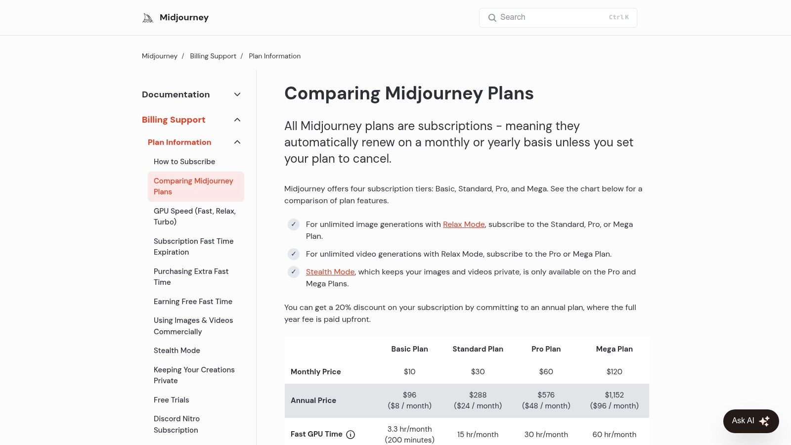 Midjourney's subscription plans for its generative AI image and video services.