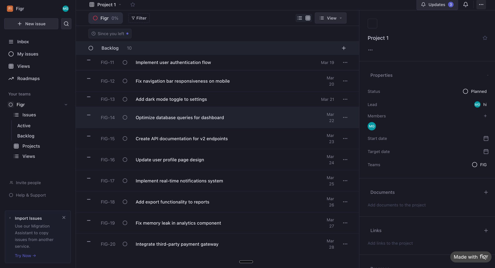 A dark-themed project management dashboard displaying a list of issues, dates, and project details.