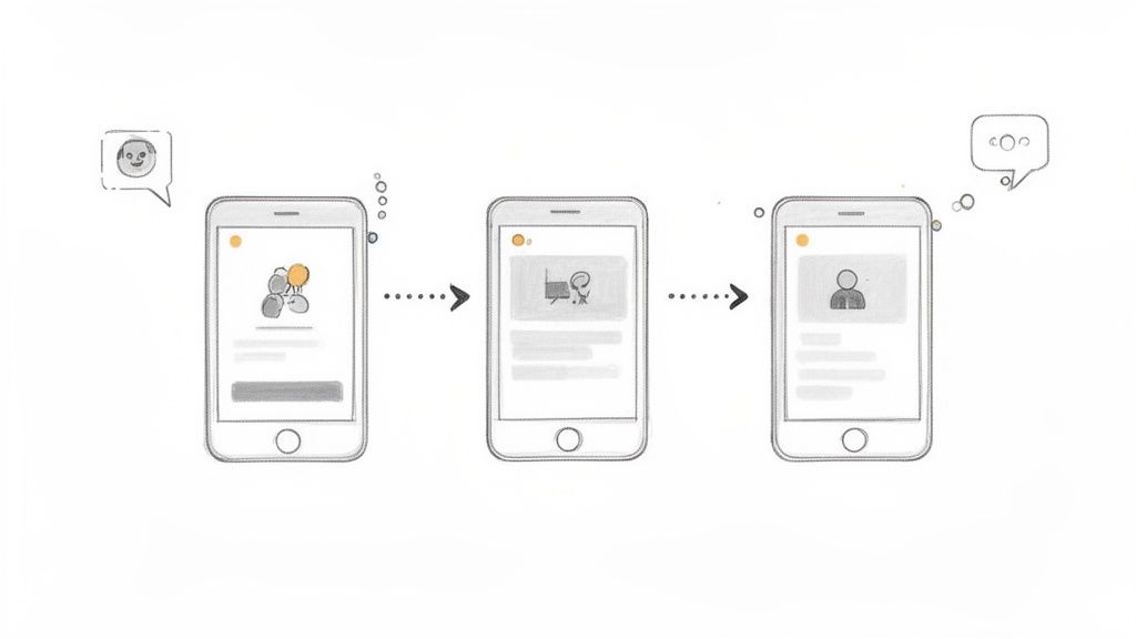A three-step user flow on smartphone screens, illustrating different app states from group to individual profile.