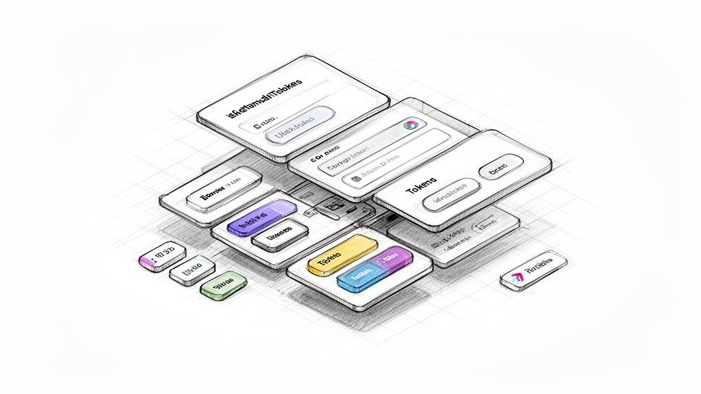 A sketch illustrating various UI components and design elements in an isometric view, resembling a rapid prototyping concept.