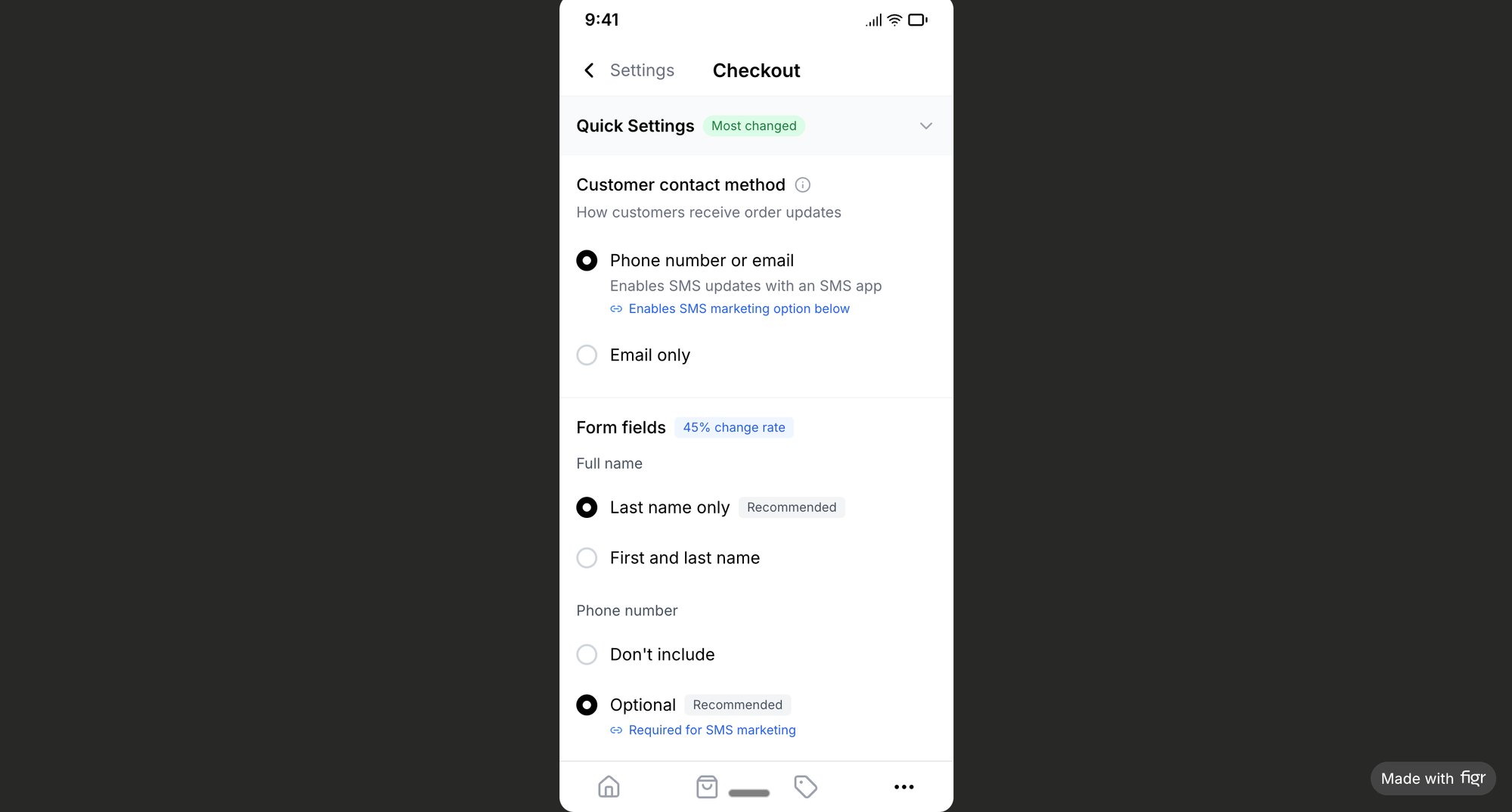 A mobile screen displaying checkout settings for customer contact method and form fields options.