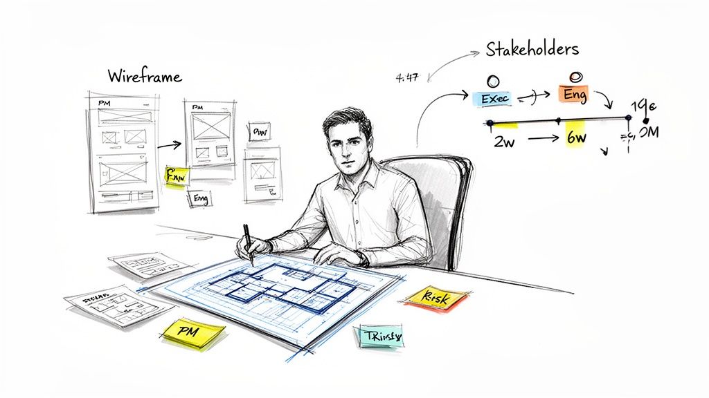 Sketch of a designer or project manager working on wireframes, blueprints, and project timelines.