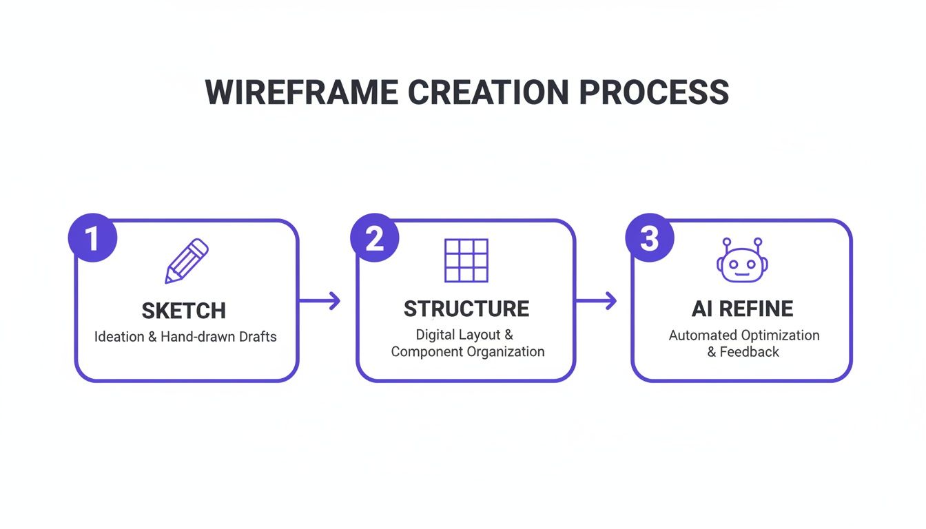 Diagram illustrating the three-step wireframe creation process: sketch, structure, and AI refine.