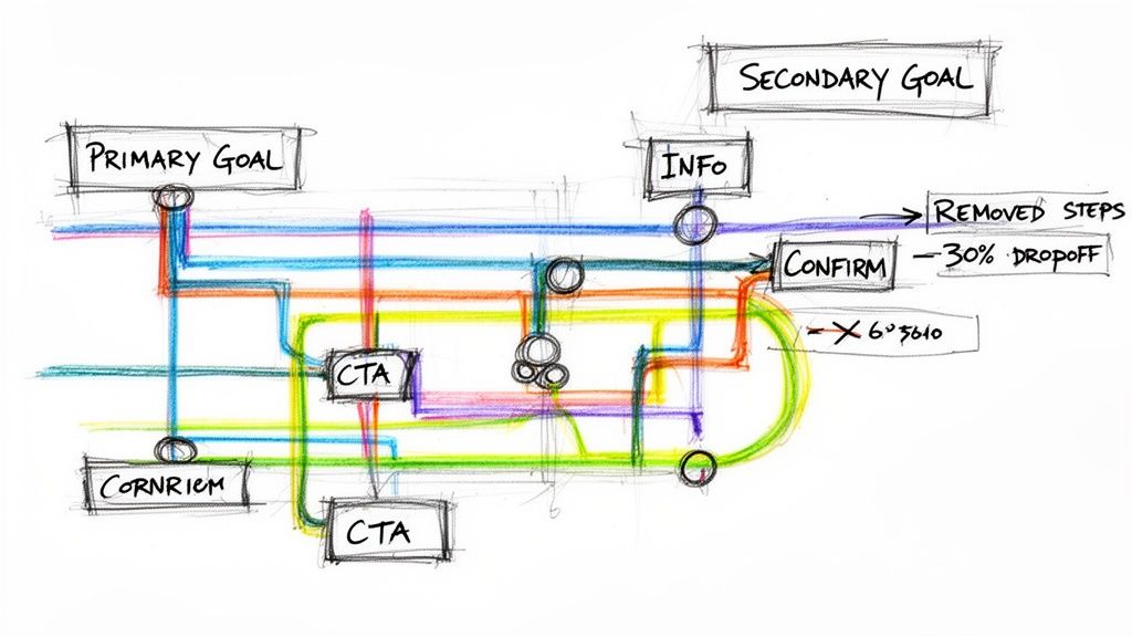 A hand-drawn, multi-colored process flow diagram showing primary and secondary goals, information, confirmation, and calls to action.