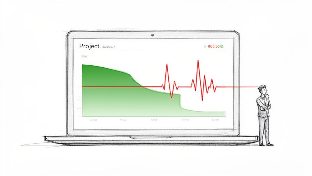 A thoughtful man observes a laptop screen displaying a project dashboard with performance graphs.