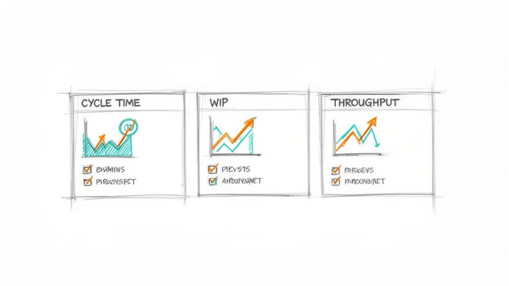 Hand-drawn charts illustrating agile development metrics: Cycle Time, WIP, and Throughput with graphs and checked items.